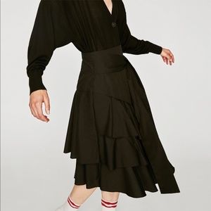 Zara Ruffled Poplin Midi Skirt With Ties Black